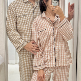 남여공용 커플잠옷 레트로 신혼 홈웨어 체크파자마 상하세트 밴딩 주머니 바지 실내복