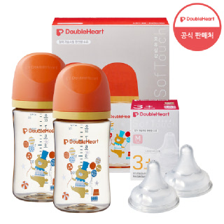 [더블하트] 240ml 디어프렌즈 트윈팩(젖병2개/노꼭지)+젖꼭지2개