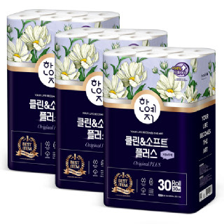 한예지 클린앤소프트 플러스 천연펄프 100% 화장지 3겹 30m 30롤 3팩